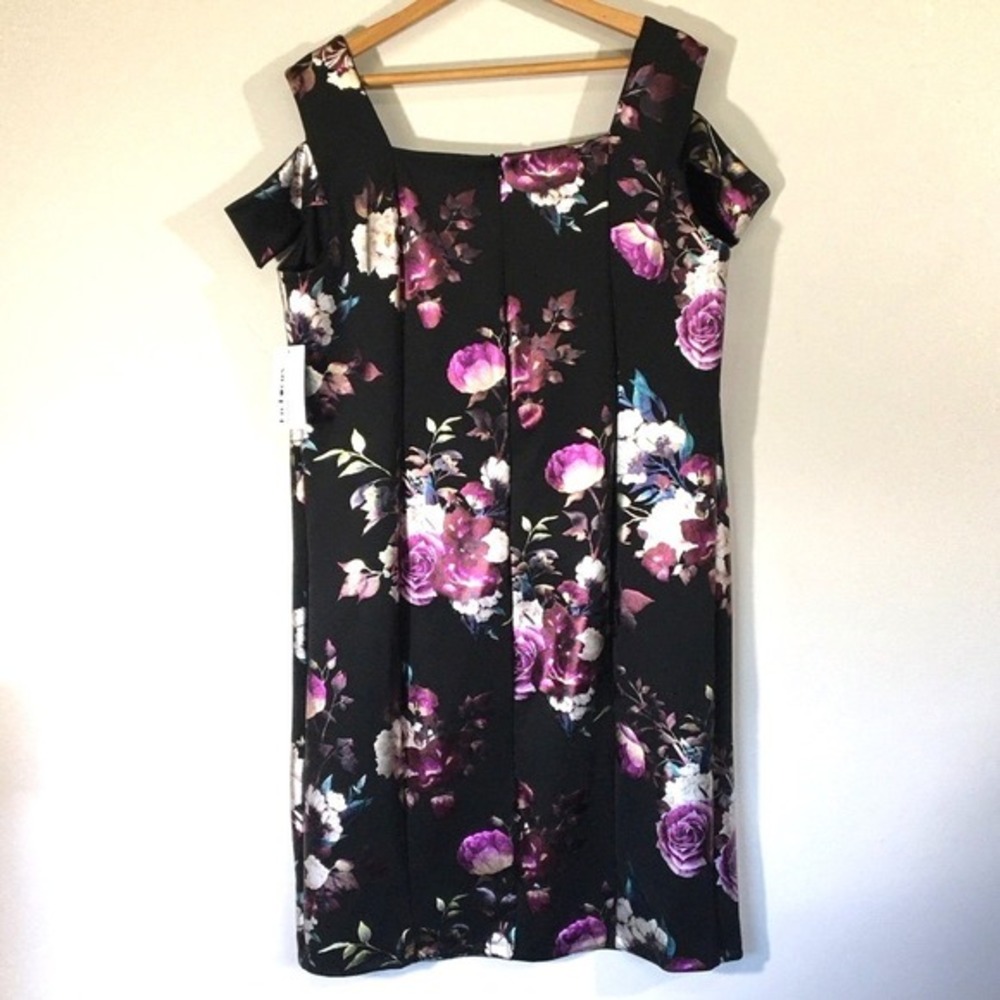 EnFocus Studio Floral Cold Shoulder Sheath Dress 20W‎ Black Purple - Picture 2 of 7